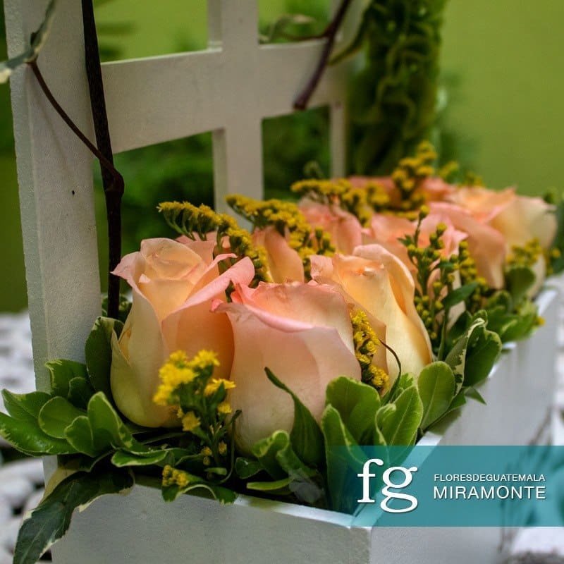 Peach roses and greenery arranged around a white wooden frame.