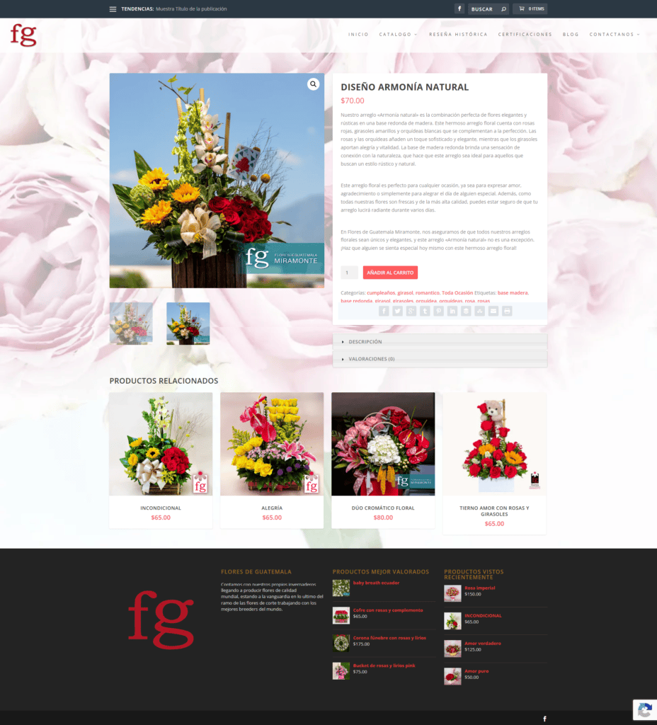 WooCommerce product page for a Flores de Guatemala floral arrangement