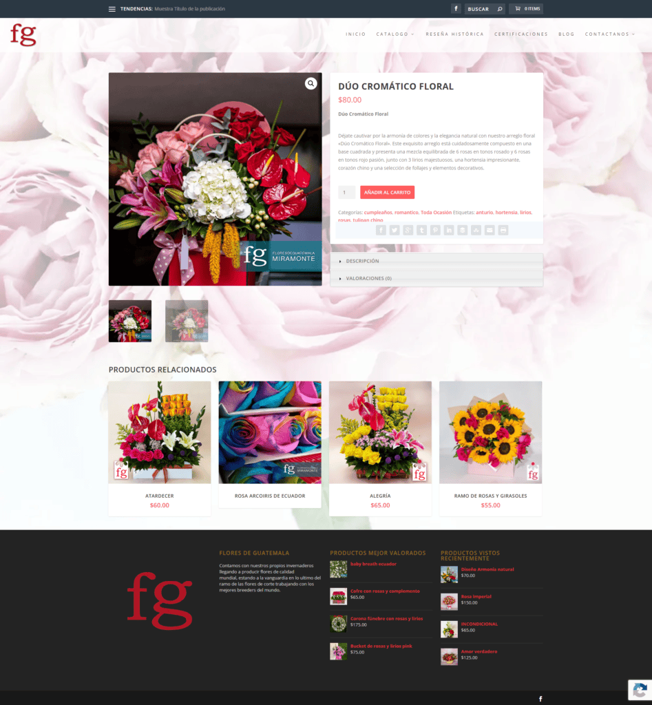 Flores de Guatemala product detail page with imagery, description, cart action, and related products