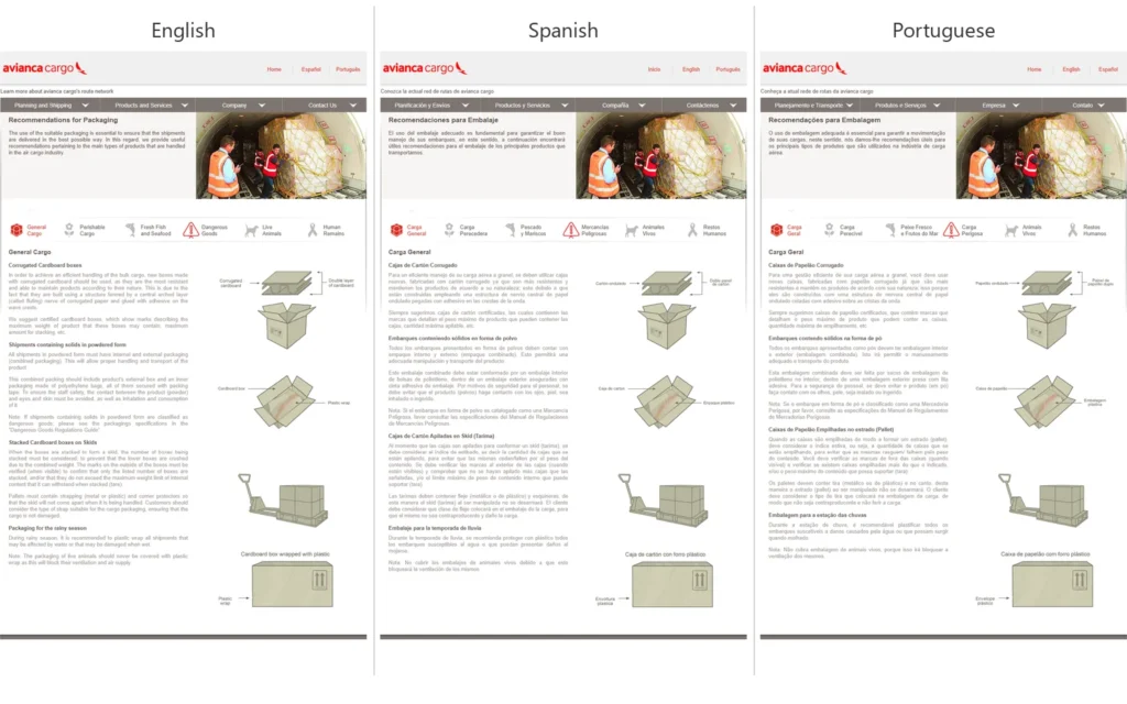 Avianca Cargo multilingual corporate website developed during my tenure at Avianca