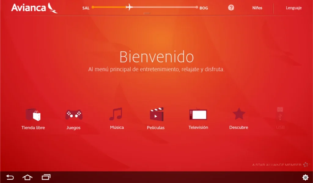 Interactive Avianca in-flight entertainment prototype main menu on an Android emulator