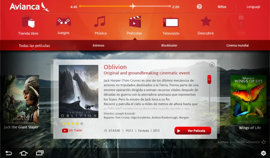 Movie detail interface with playback controls in the Avianca usability prototype