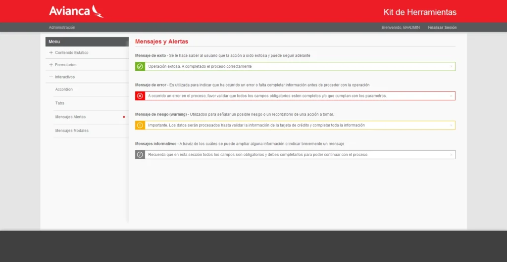 Avianca internal frontend toolkit documenting reusable alerts and interface components