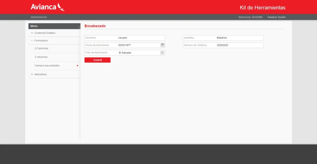 Avianca internal frontend toolkit showing reusable form layouts and pre-populated fields
