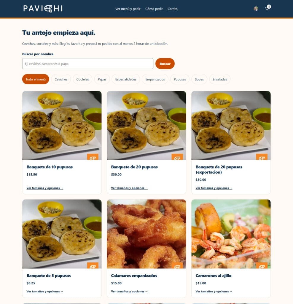 PaViChi WooCommerce menu with product search, category filters, product cards, and variable pricing